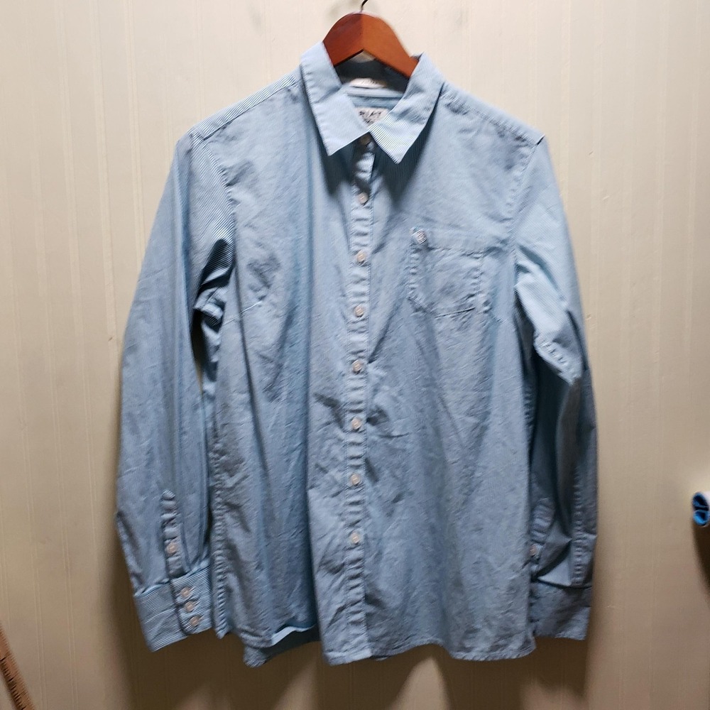 Ariat REAL Button Up Shirt Womens XL Blue Stripe Collared‎ Long Sleeve Top
